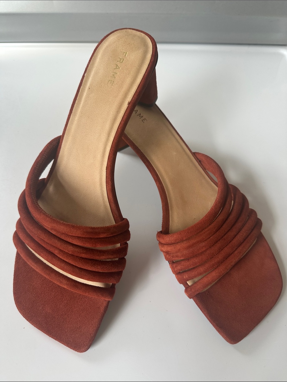 Frame Le Tonga Suede Leather Mules Strappy Sandal EU38.5 US8 Brown Shoes Morocco - Picture 16 of 16